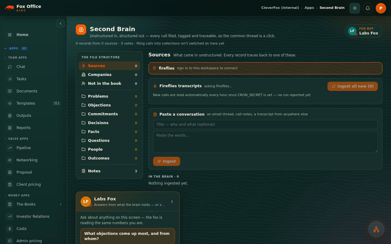 The Second Brain app in Fox Office, filing conversations into sources, problems, objections, commitments and decisions.